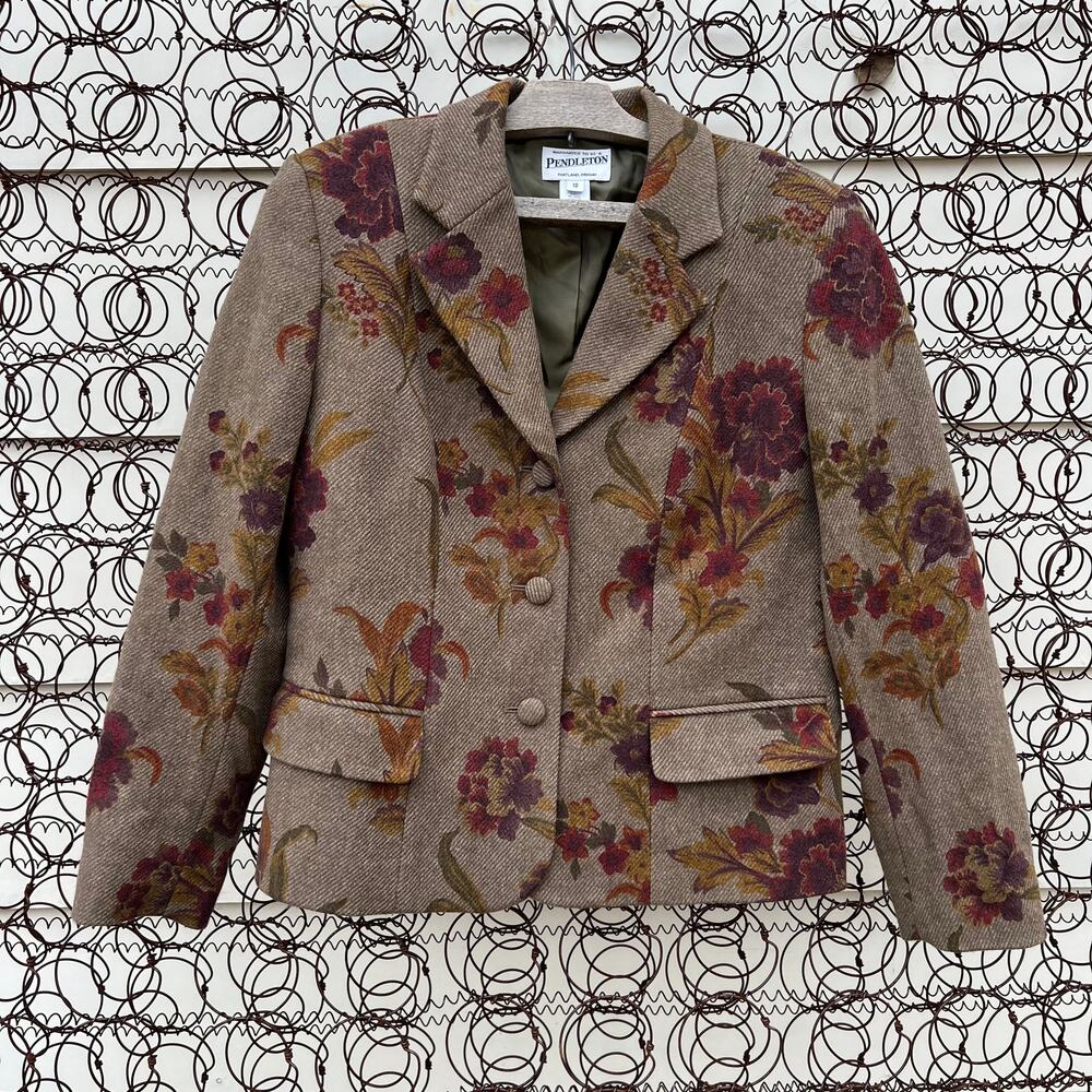 Pendleton Green Floral Leaf Fall Wool Blazer Size 10